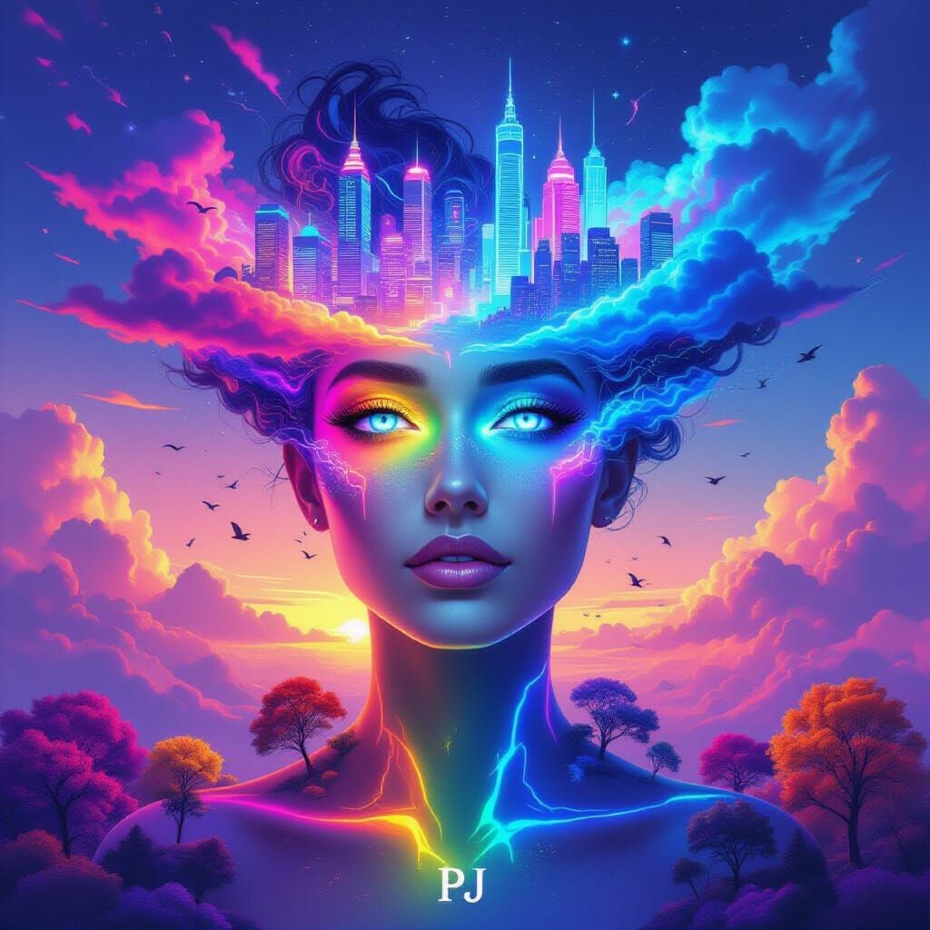 Surreal Neon Portrait of Person Merging with Cityscape