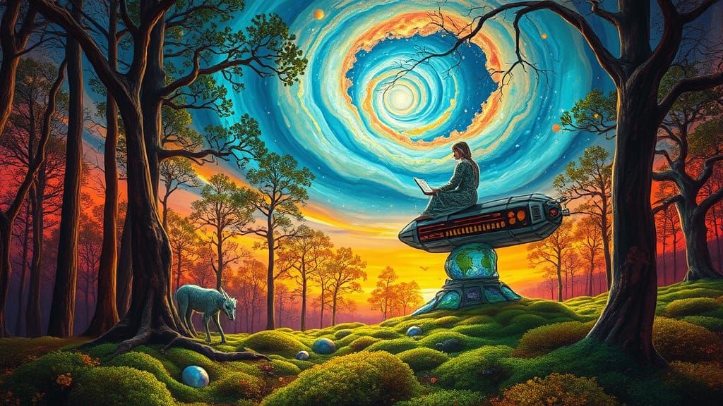 Stained Glass Forest with Nebula Sky, Surreal Bio-Art