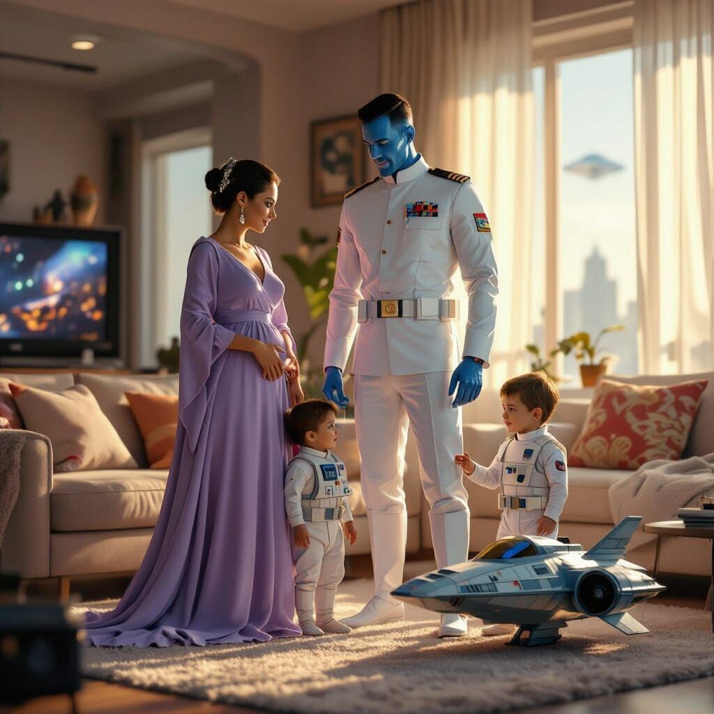 Blue Humanoid Family in Cozy Coruscant Living Room