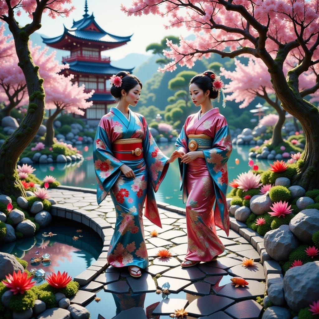 Surreal Japanese Garden Scene with Geisha in Sparkling Kimon...