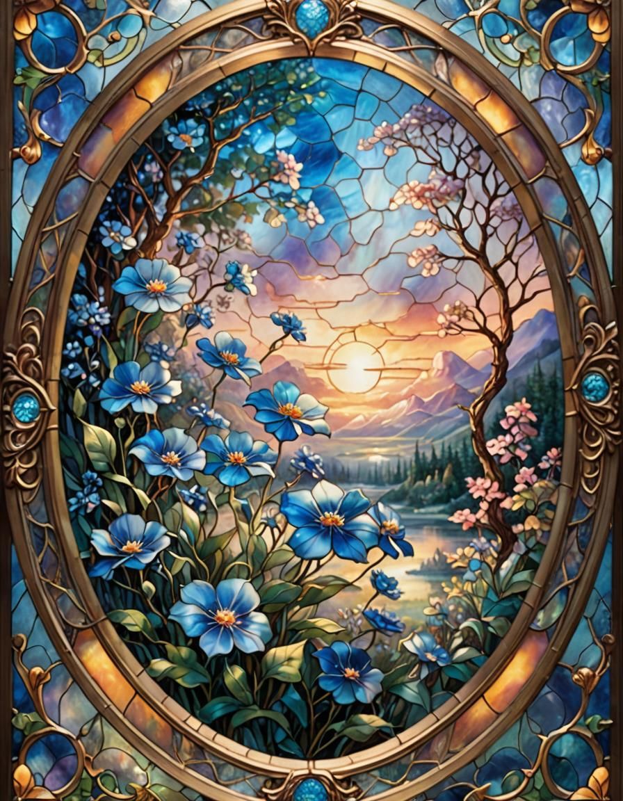 Ethereal Stained Glass Masterpiece with Iridescent Floral Pa...