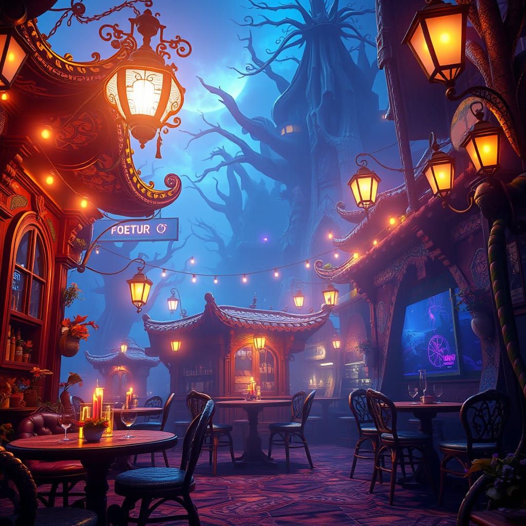 Dreamlike Night Cafe in Fantastical, Warmly Lit Atmosphere