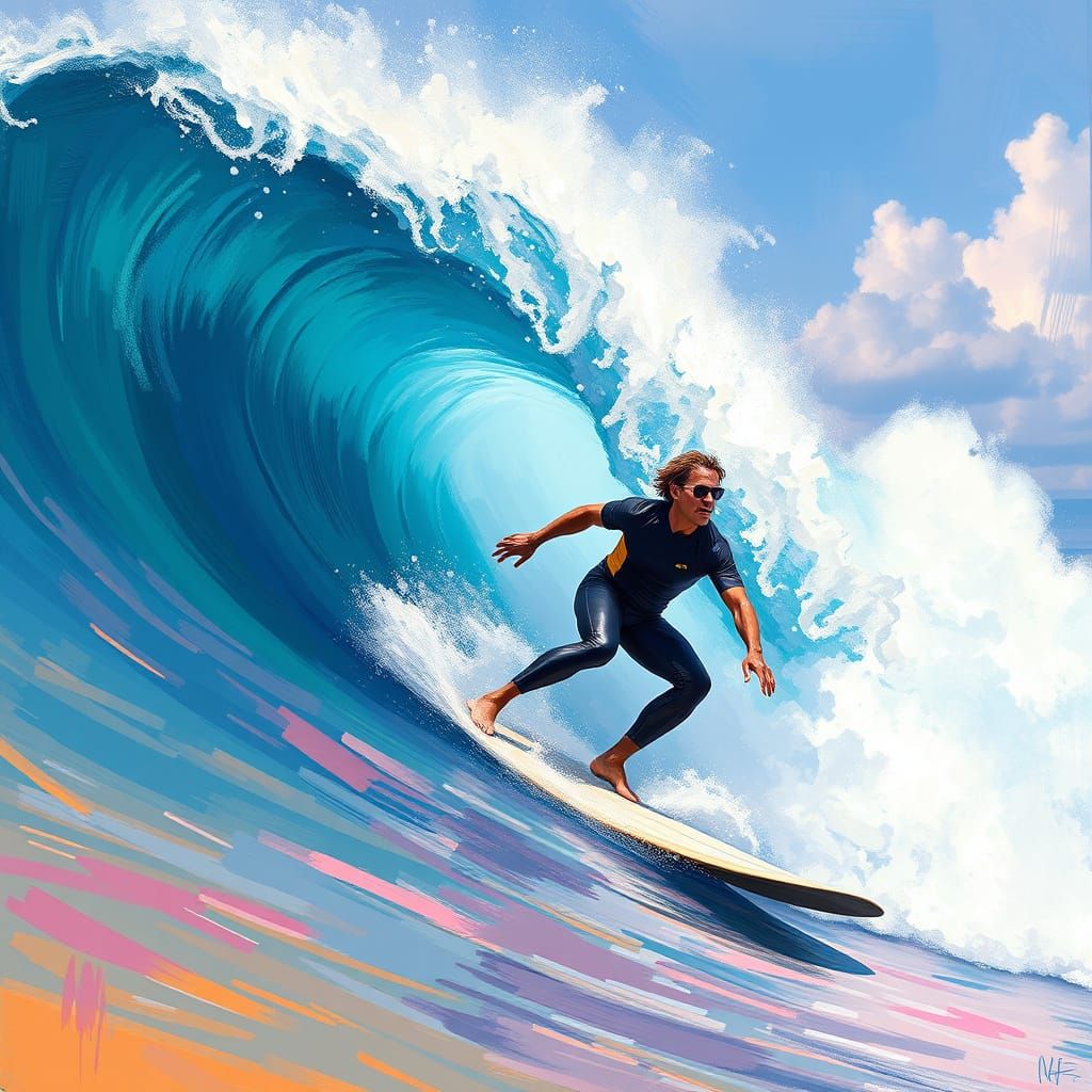 Surfer Rides Massive Wave in Vibrant Beach Scene