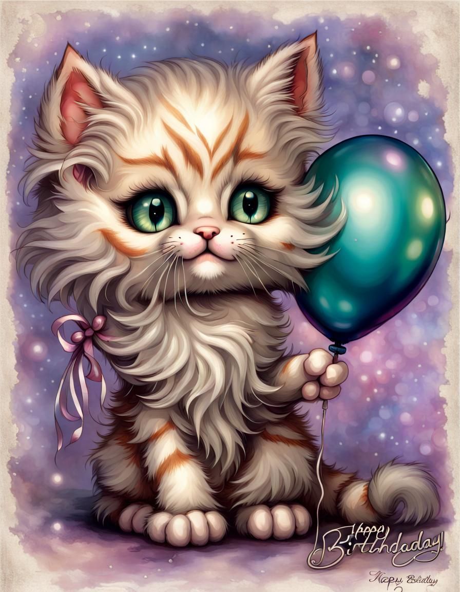 Kitten Celebrating Birthday with Vibrant Balloon