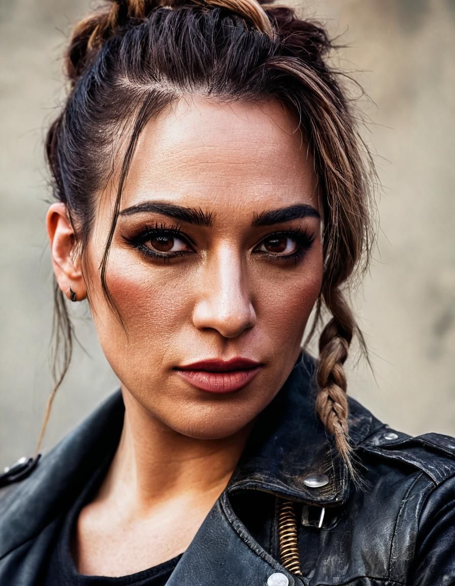 Young Raider Girl with Worn Leather Jacket in Post-Apocalypt...