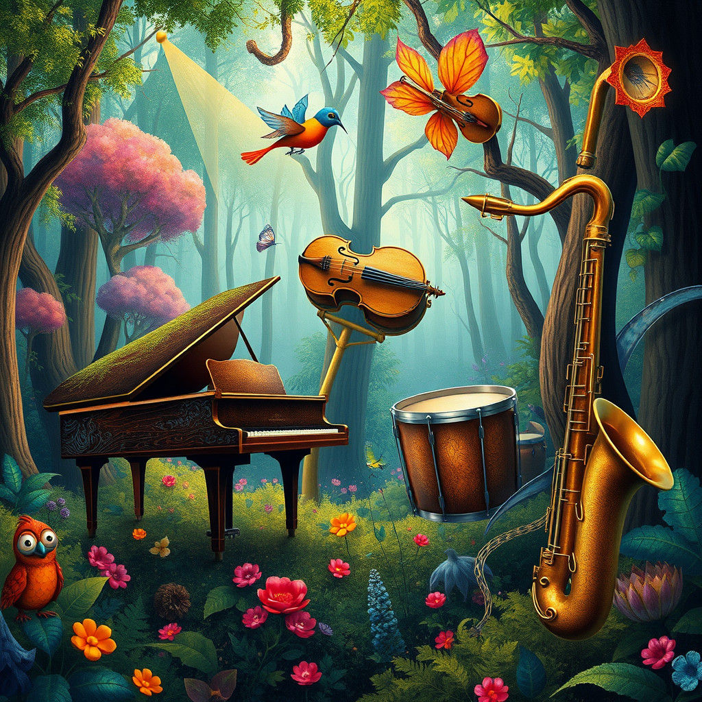 Surrealist Forest Scene with Living Musical Instruments