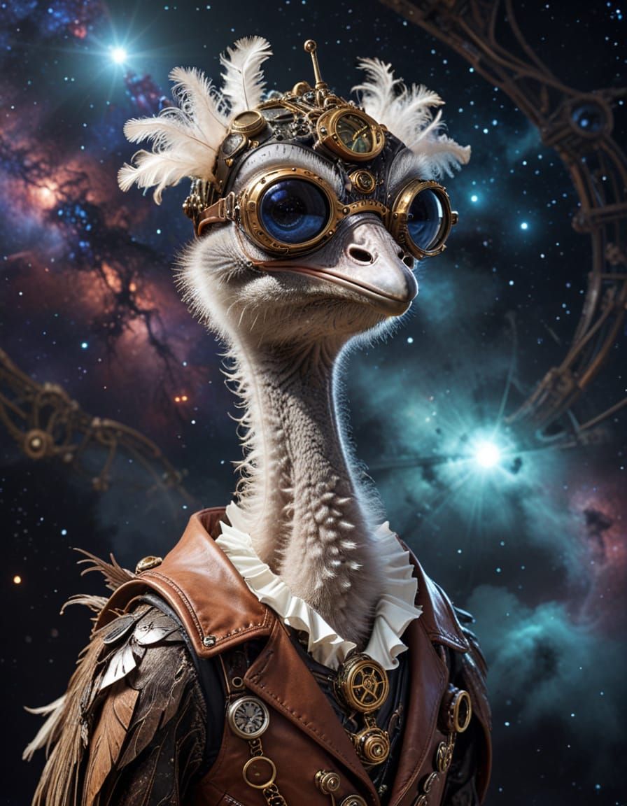Interstellar Steampunk Ostrich in Flight