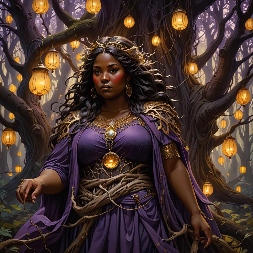 Enchanted Dark Skinned Woman in Ancient Forest