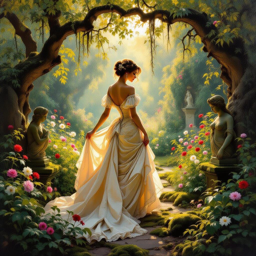 Enchanted Garden with Graceful Woman in Oil Painting Style