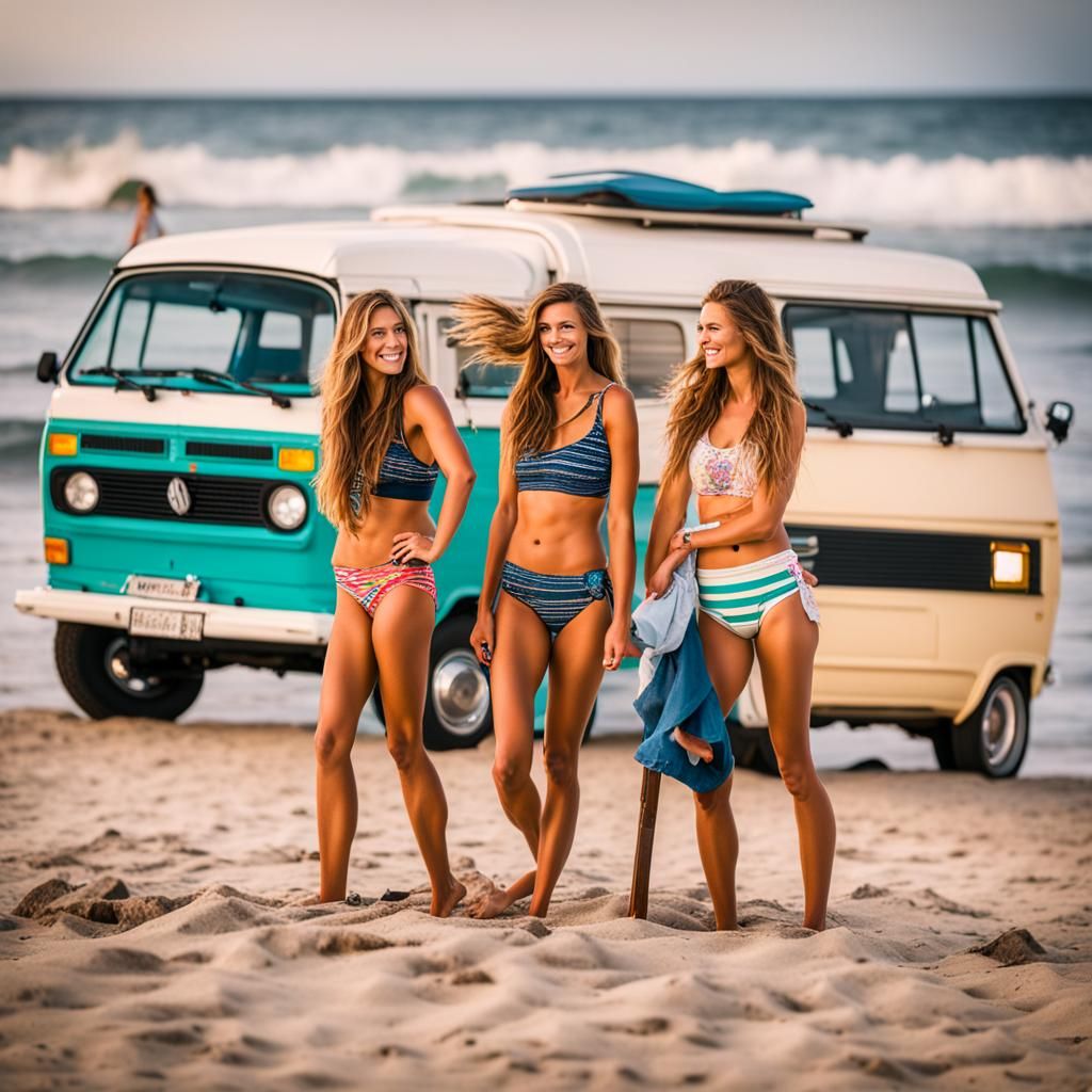Gorgeous Women in Bikinis beside a Beachside Vanagon Westfal...