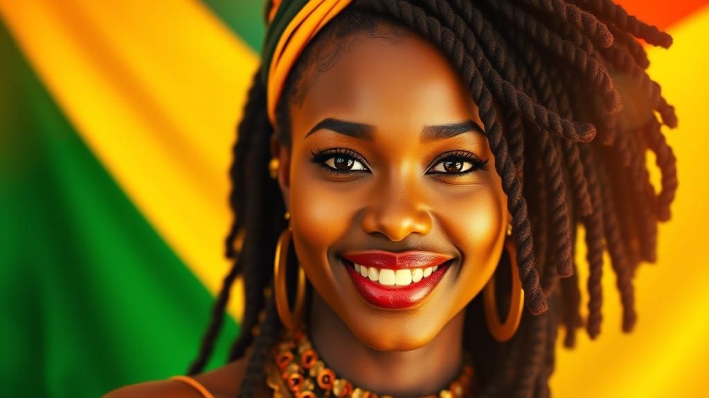 Regal Black Woman with Vibrant Rastafarian Dreadlocks in Jam...