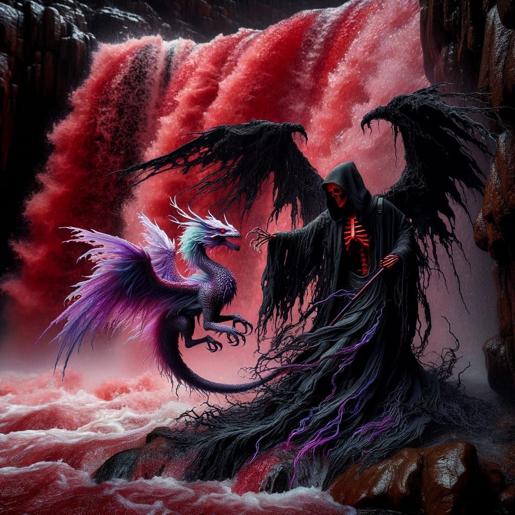 Grim Reaper Embarks on Epic Quest by Crimson Waterfall