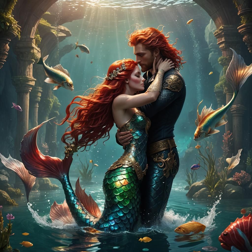 Ethereal Mermaid Ascends to Kiss a Chiseled Hero in Iridesce...
