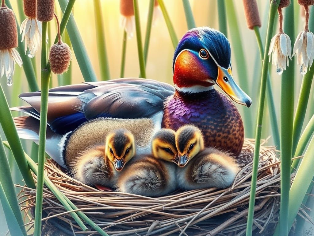 Wild Duck and Ducklings in Watercolour Nest