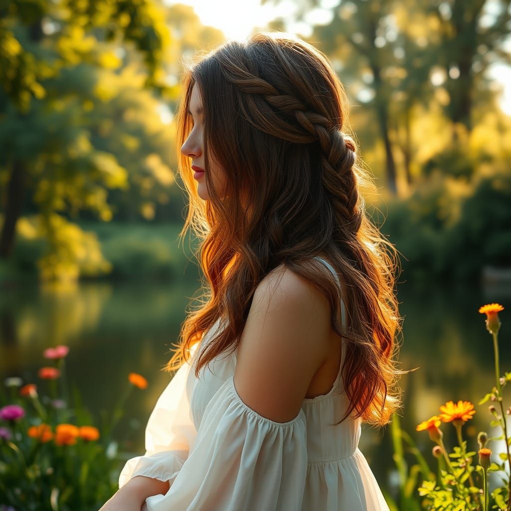 Young Woman in Serene Lake Landscape with Golden Light
