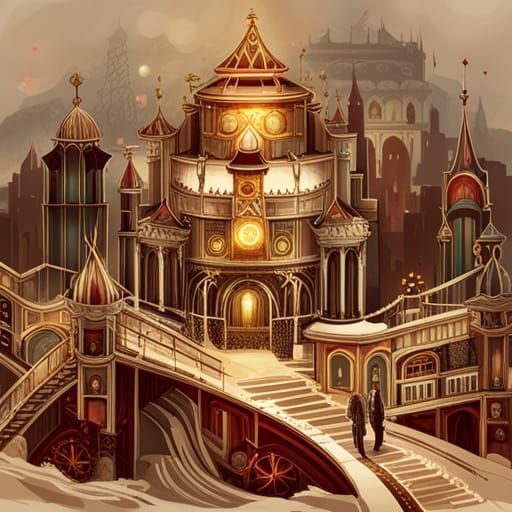 Luminous Steampunk Palace in Golden Glory