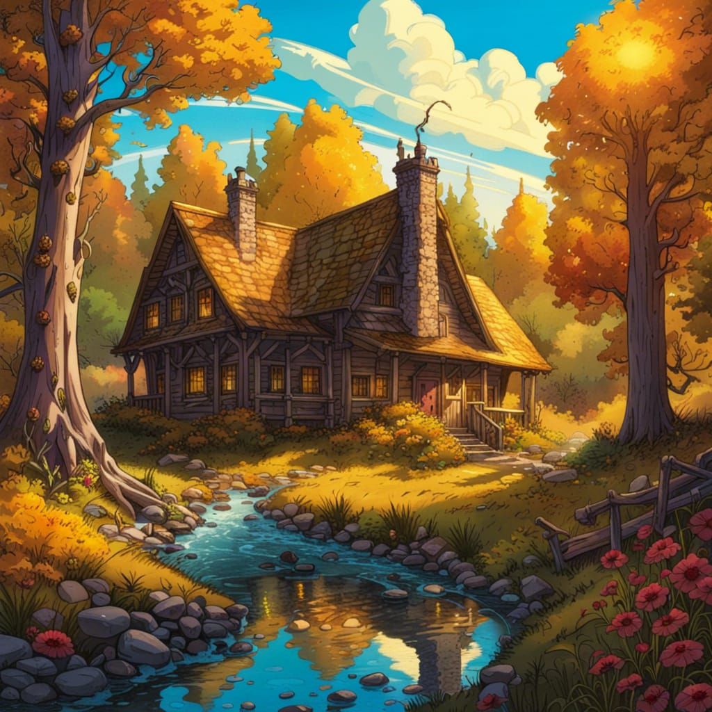 Golden Gothic Cottage in a Vibrant Forest Glade
