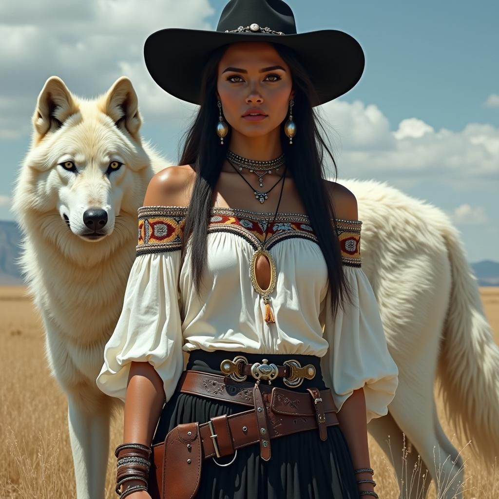 Mysterious Native American Warrior with a Majestic White Wol...