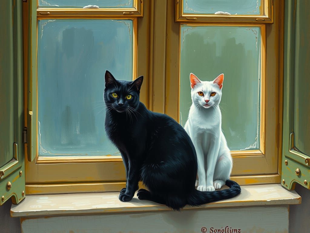 Cats on Windowsill in Van Gogh Style