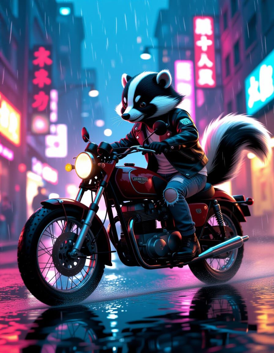 Skunk Boy Races Motorcycle Down Neon City Street