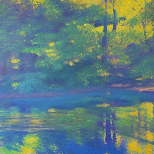 Impressionist Pond at Twilight with Thick Brushstrokes