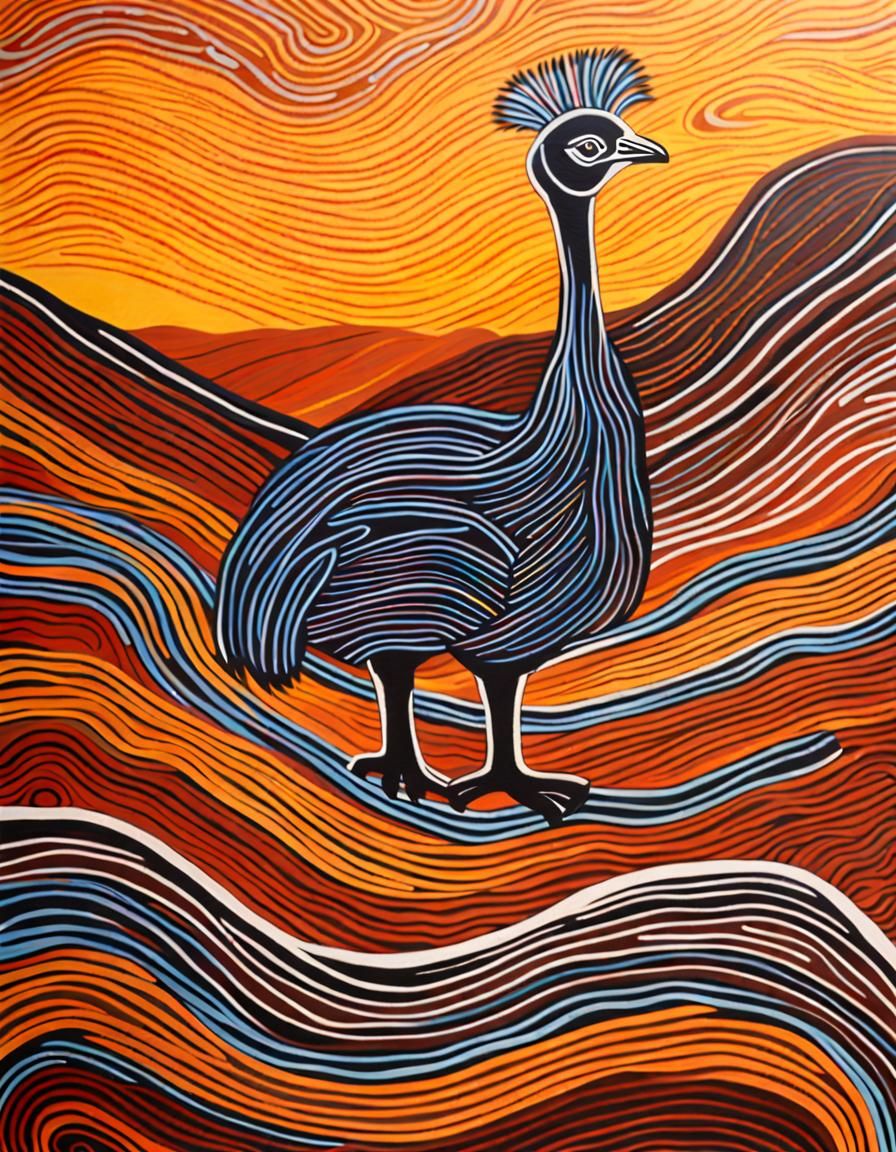 Emu in Australian Desert: Aboriginal Art