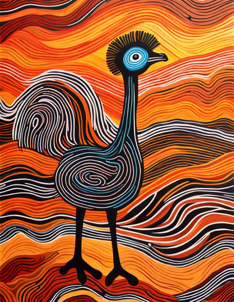 Aboriginal Art Painting of Playful Emu in Desert