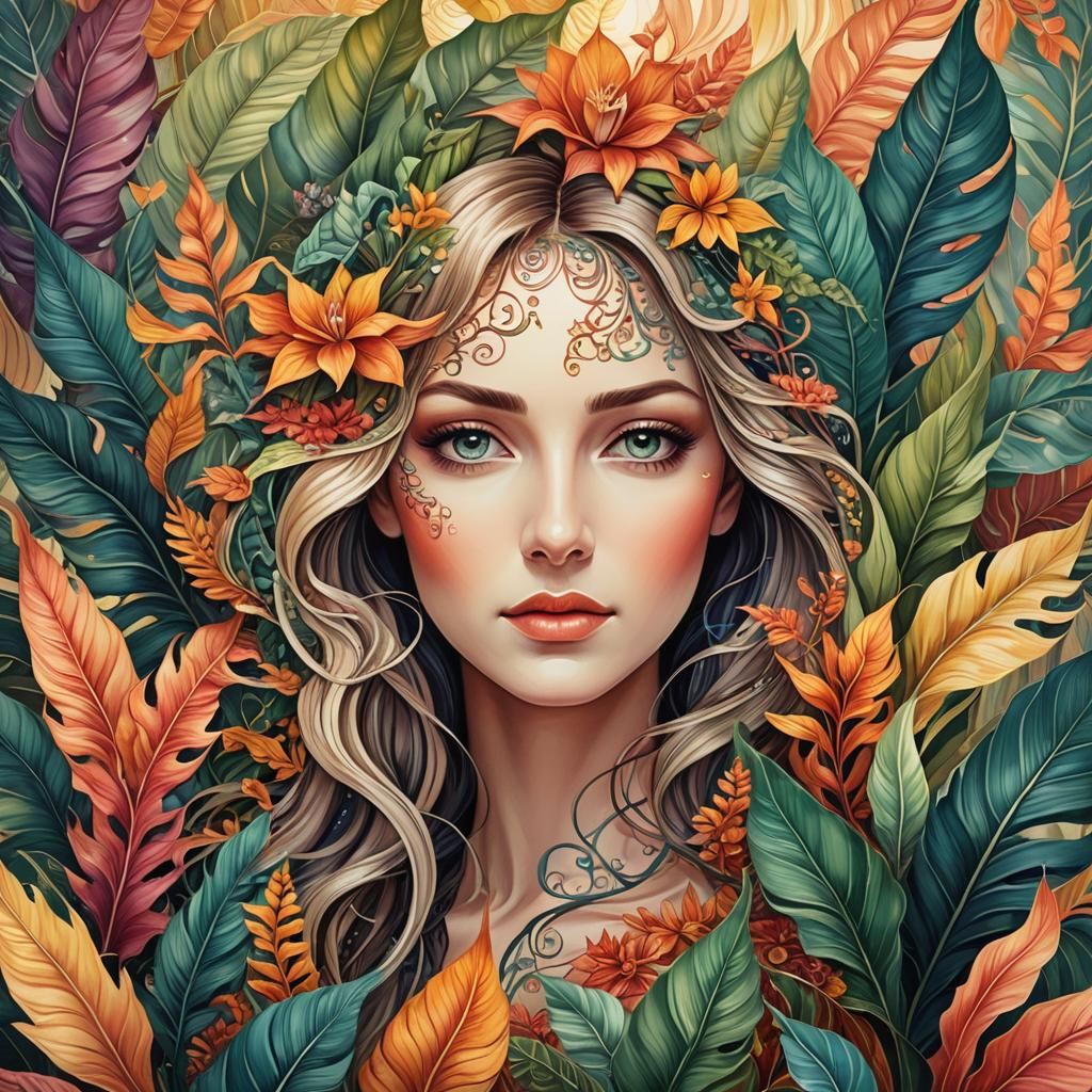 Surreal Goddess Embracing Vibrant Fractal Florals in Warm Li...