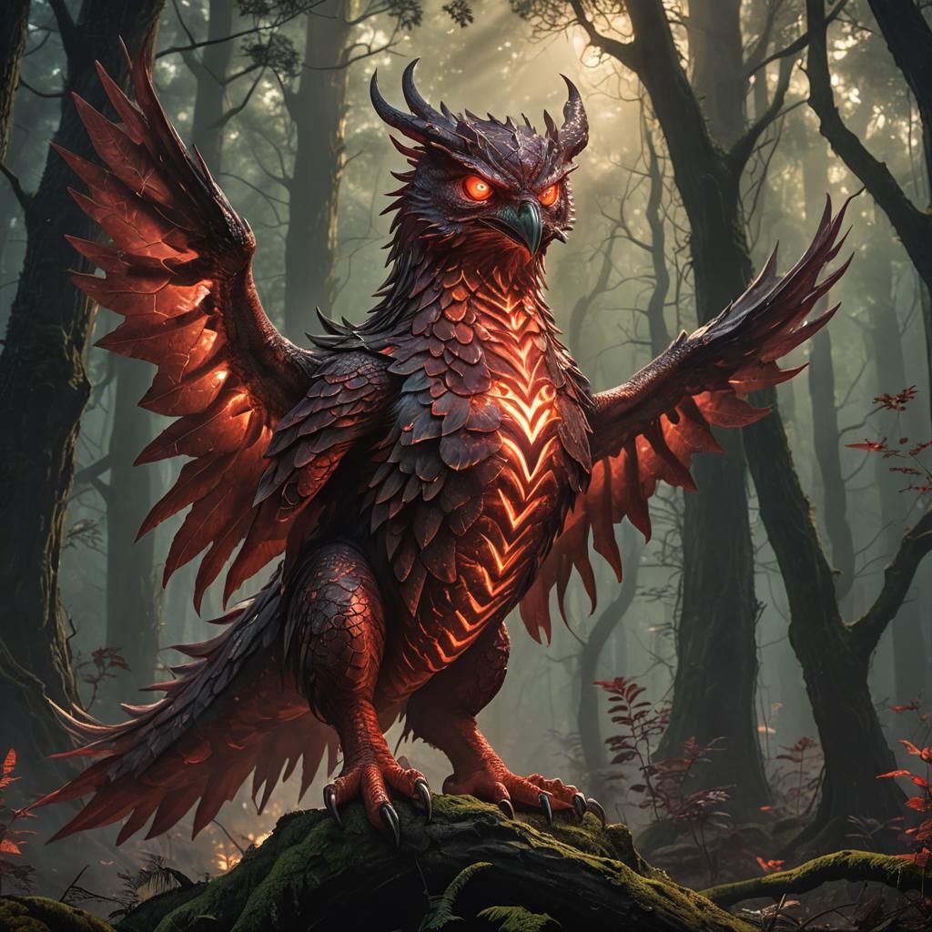 A striking image of a mythical creature with massive, glowing red hooters emitting a soft, otherworldly light. The creat...