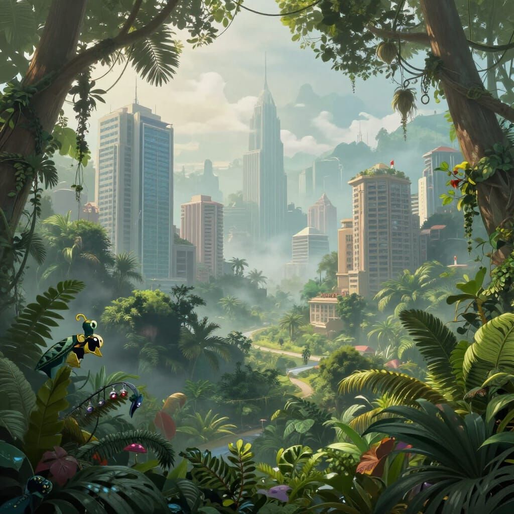 Ethereal Misty Jungle Cityscape