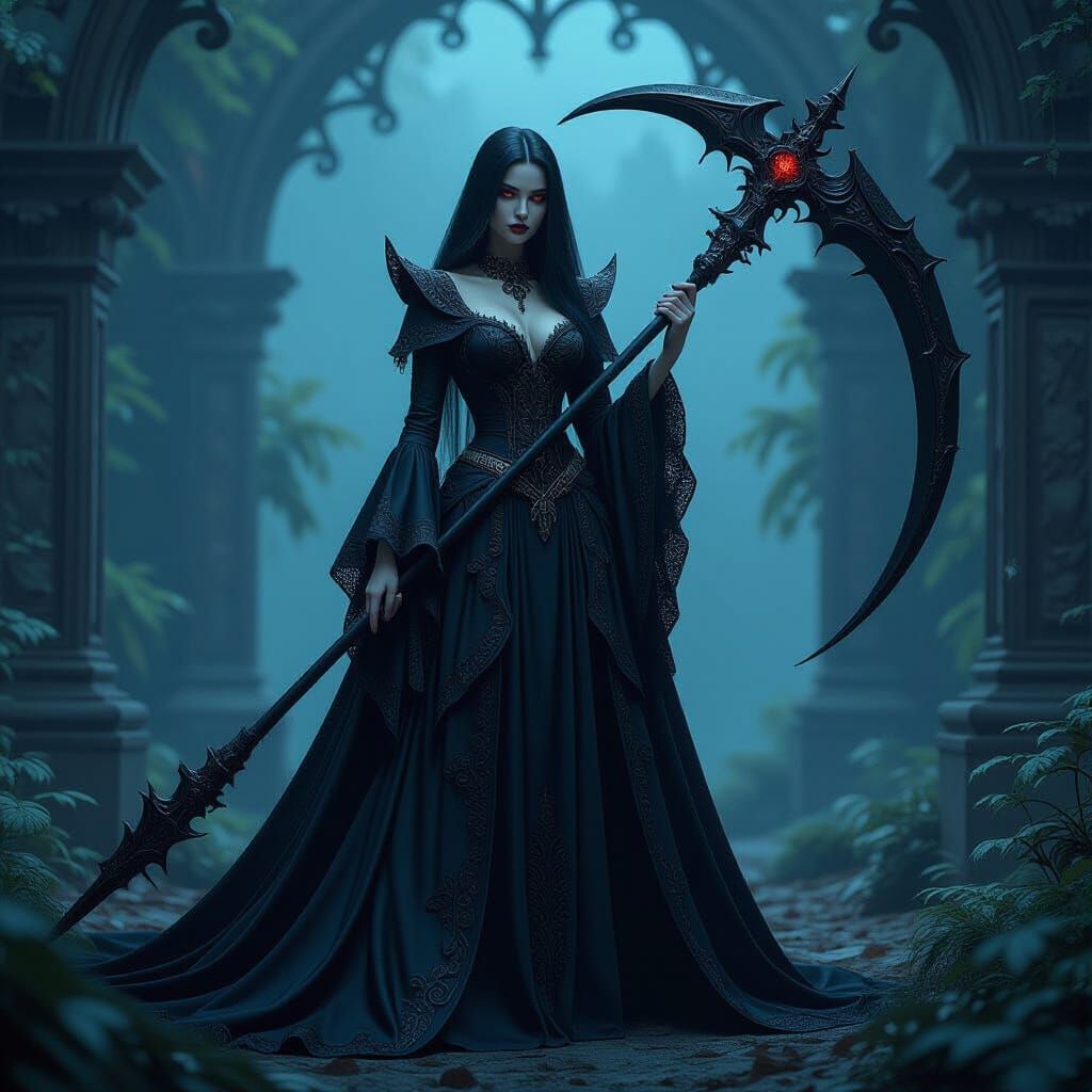 Goth Vampire Princess with Scythe in Dark Realm