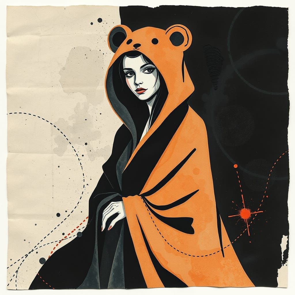Woman in Moody Dark Constructivist Collage with Bear Costume