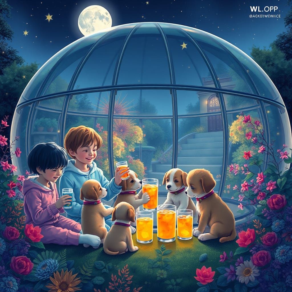 Children and Puppies Enjoy Juice in a Magical Glass House at...