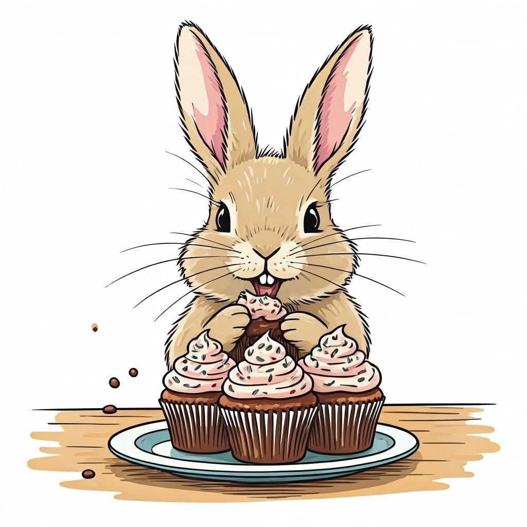 Whimsical Rabbit Indulges in Chocolate Cupcakes in Bright, C...