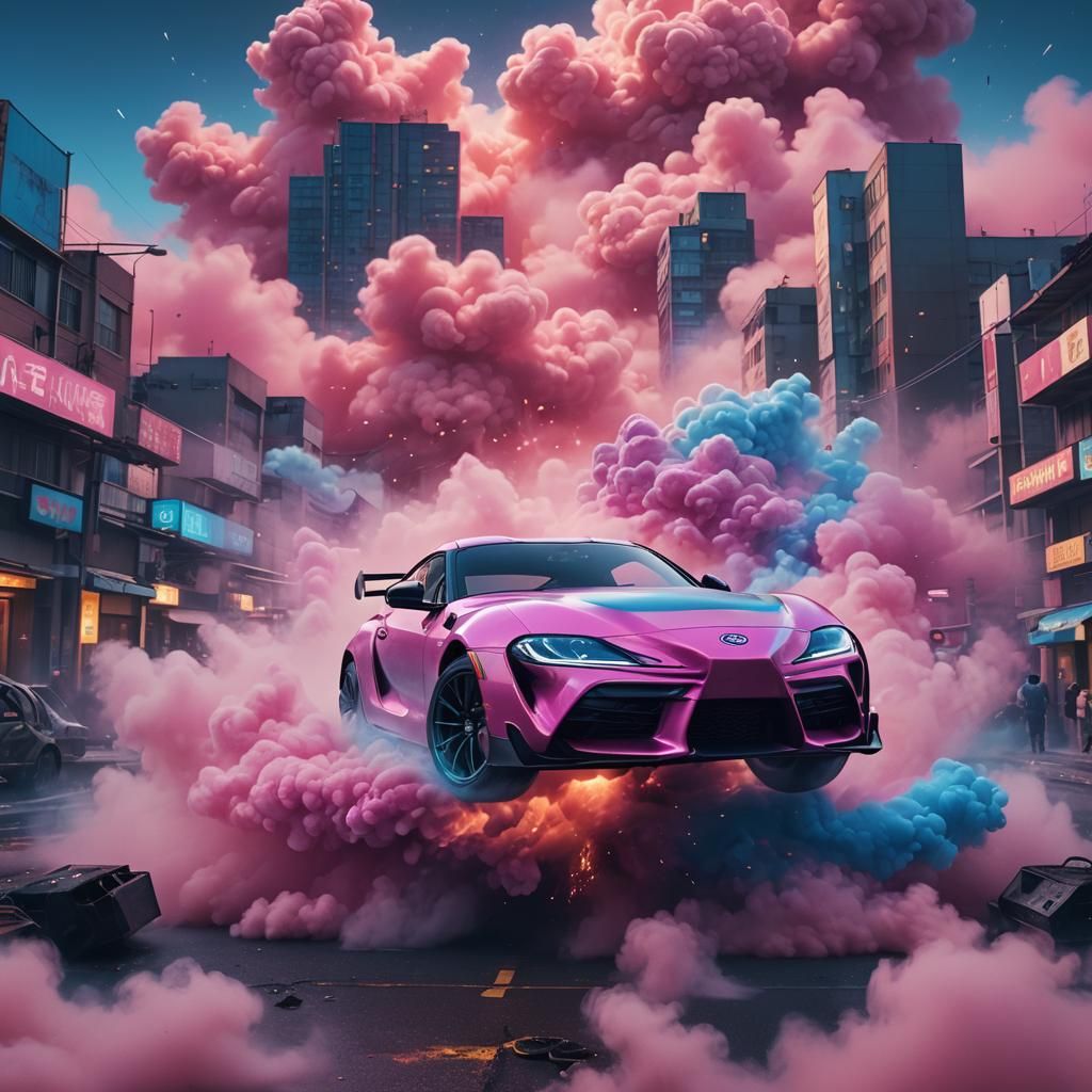 Pink Toyota Supra Shatters Through Blazing Blue Smoke