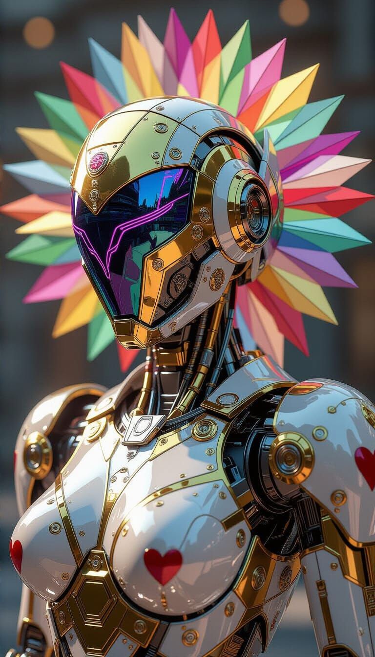Cybernetic Woman with Gold Helmet and Origami Mural