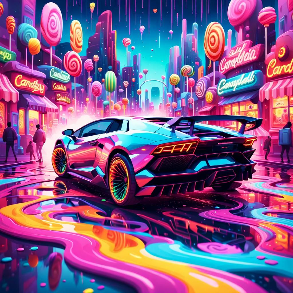 Cyberpunk Candy Art: Whimsical Lamborghini in Vibrant Candyl...