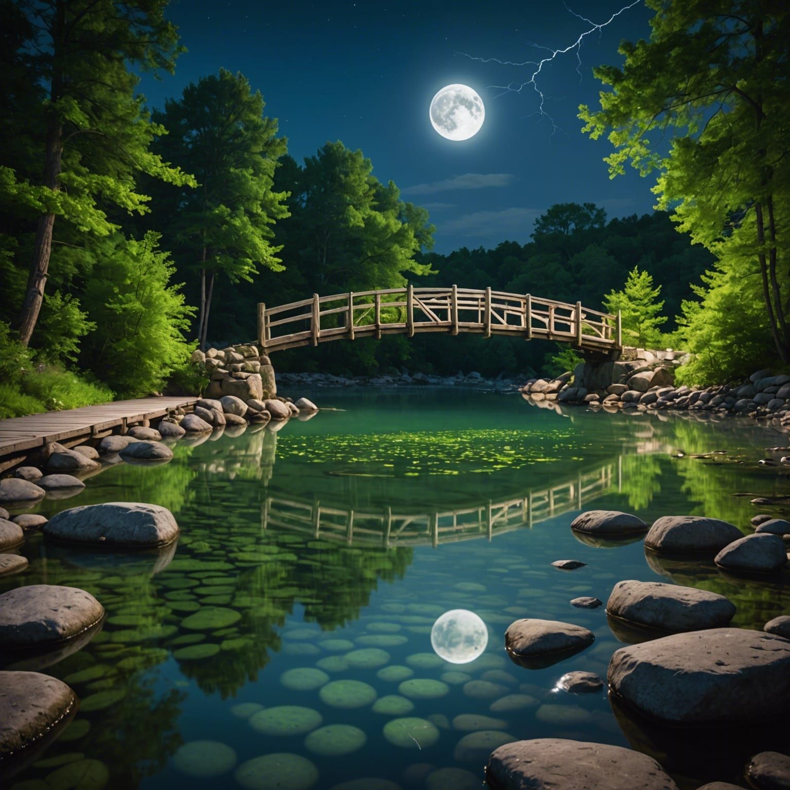 Ancient Algae-Covered Bridge Under Full Moonlight