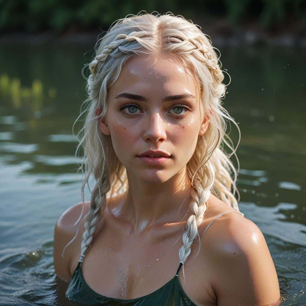 Ethereal Wet-haired Beauty Beside Calm Waters