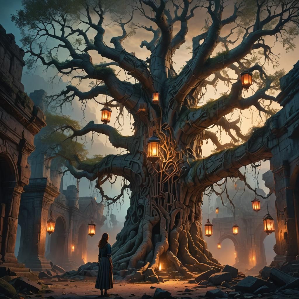 Mystical Woman Amidst Ancient Ruins and Glowing Tree