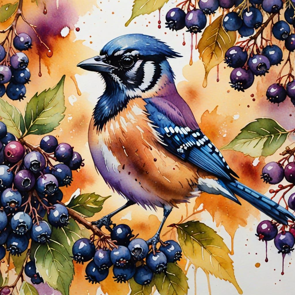 Jay Investigates Elderberries in Vibrant Watercolor