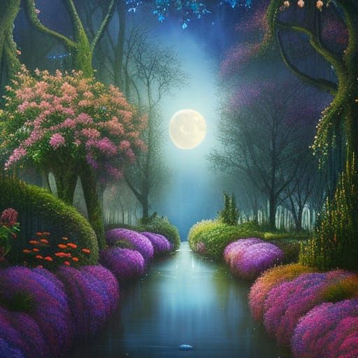 Ethereal Victorian Secret Garden Under Moonlight