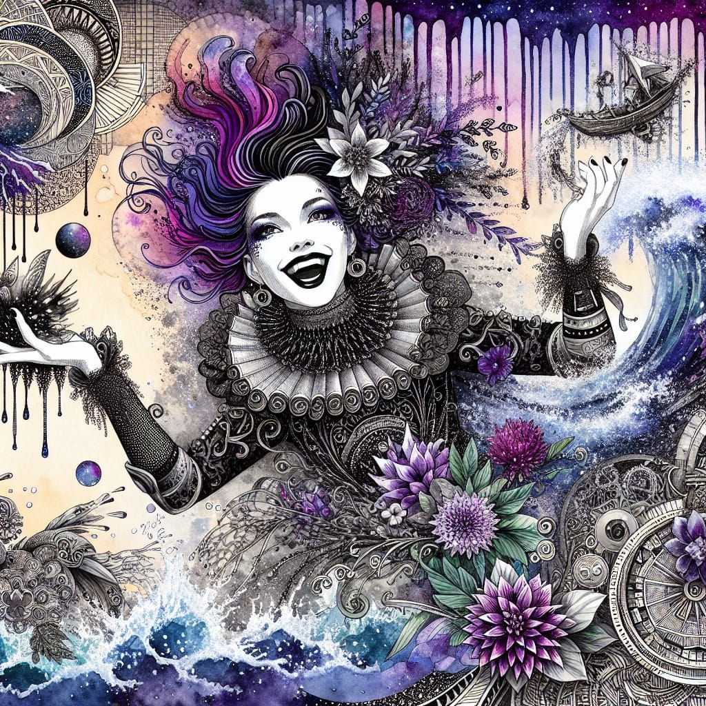 Gothic Princess Dives into Splashing Water in a Steampunk Dr...