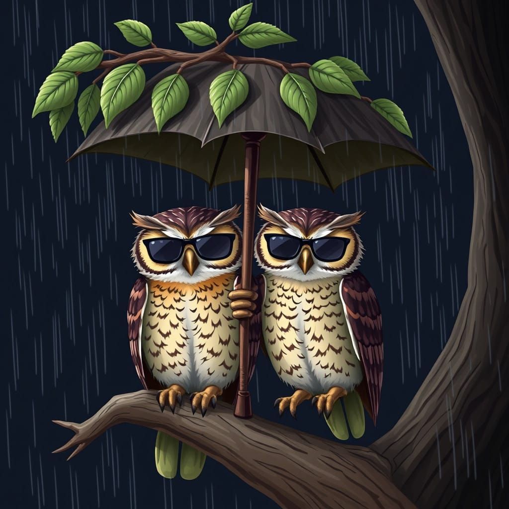 Two Grumpy Owls Enjoy Rainy Night in Style