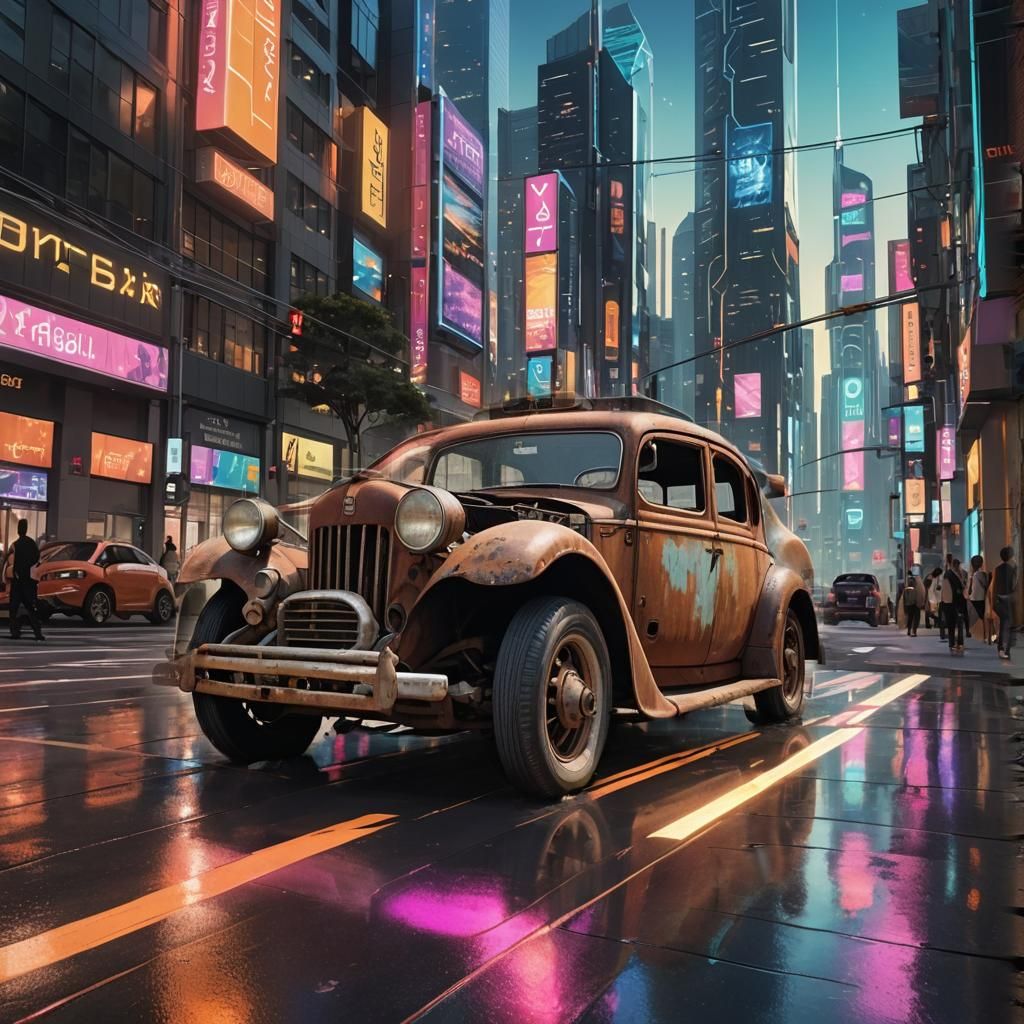 Ancient Car Lingers in Futuristic Metropolis