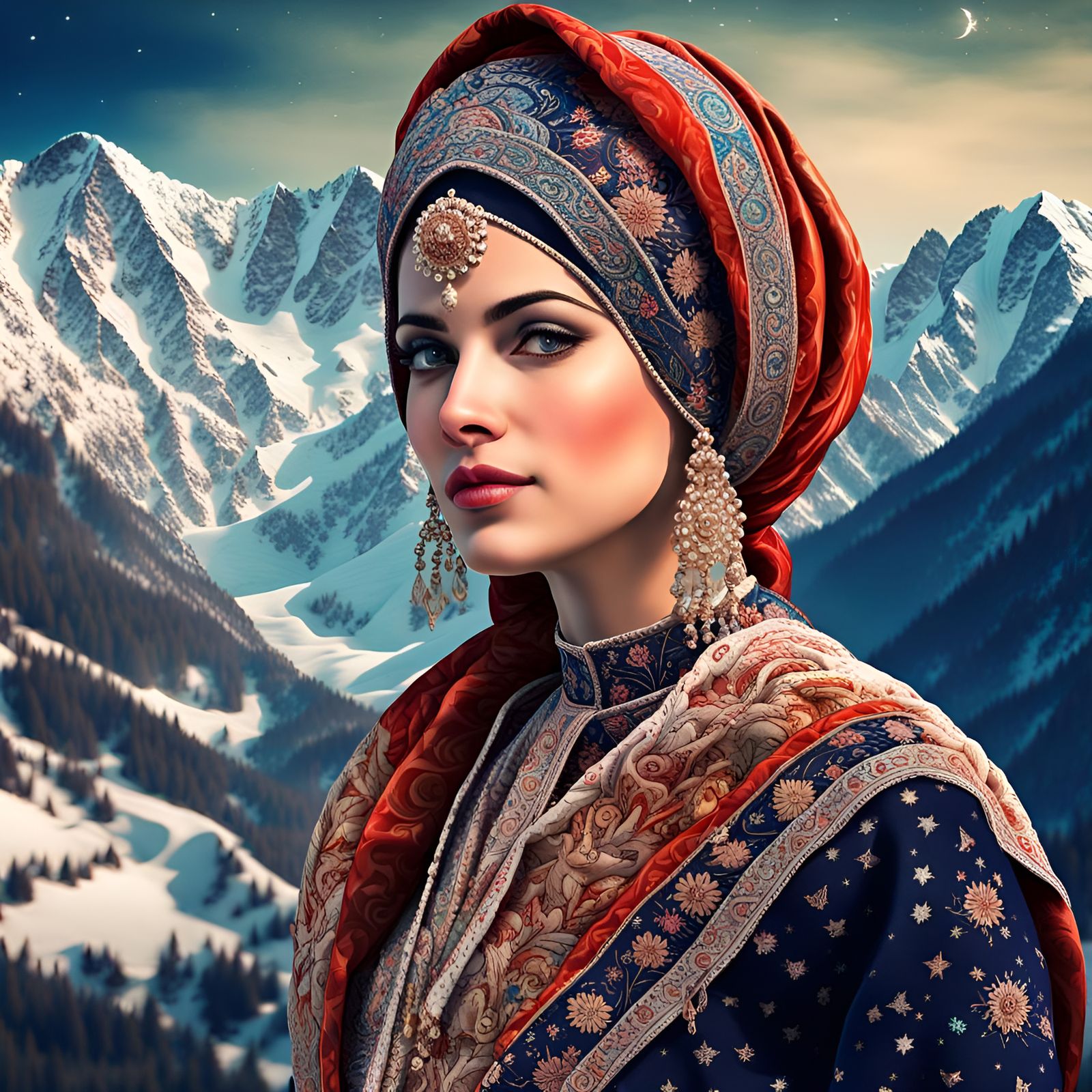 Elegant Kashmiri Lady in Traditional Attire Against Himalaya...
