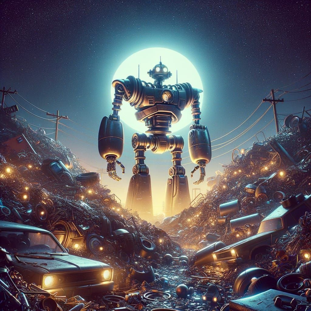 Colossal Robot Emerges from Retro-Futuristic Junkyard Dreams