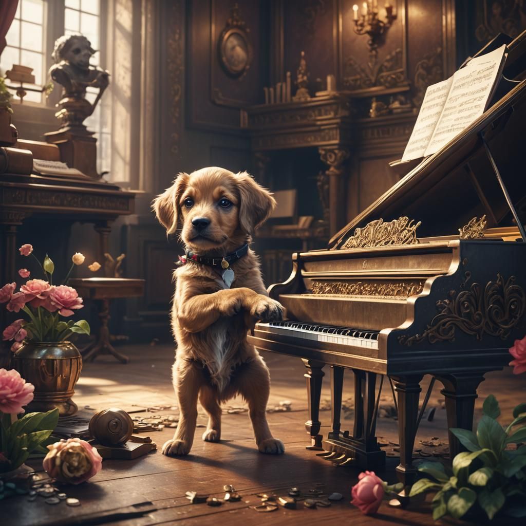 Fantastical Pup Plays Piano in Dreamlike, Detailed Setting