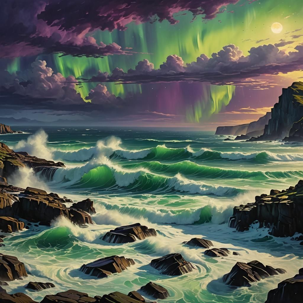 Majestic Stormy Seascape Under Northern Lights