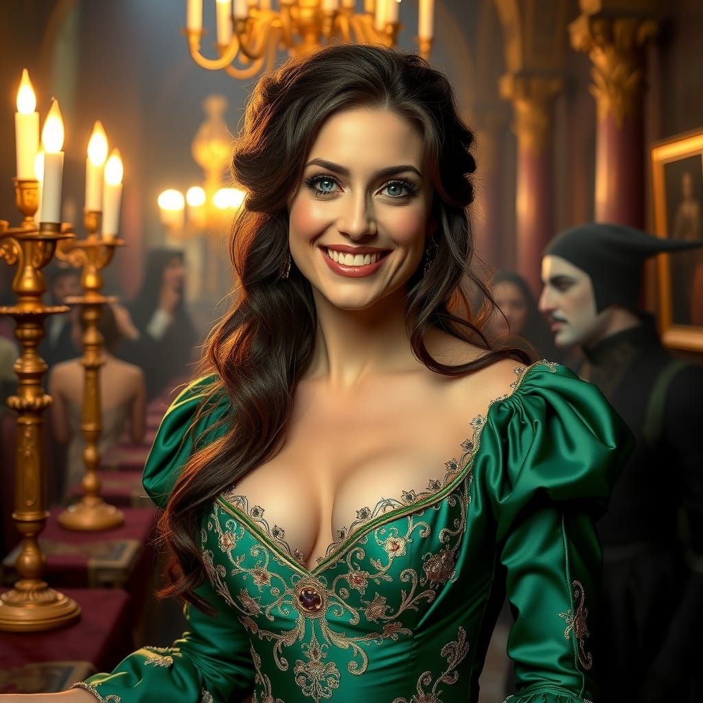 Medieval Fantasy Masquerade Ball in Emerald Green Silk